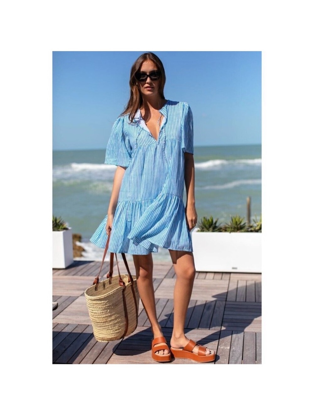 NWOT Emerson Fry India Collection Isla Dress Sunday Stripe Bluesy Organic M/L